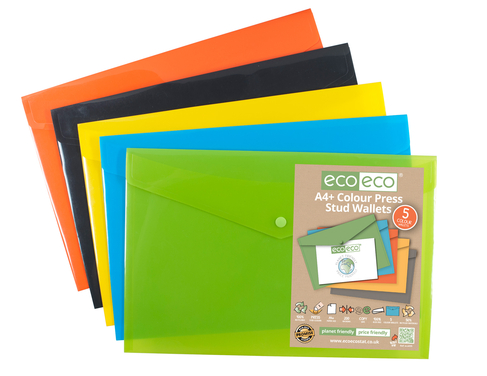 eco-eco 50% Recycled Assorted Colour A4+ Popper Wallets (Pack of 5)