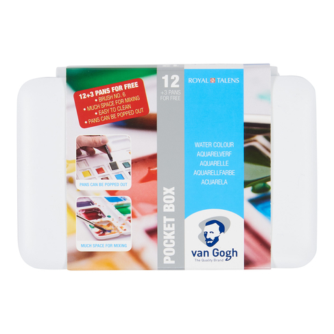 Van Gogh Water Colour Pocket Box Basic Colours with 12 Colours in Half Pans and 3 Extra Colours for Free