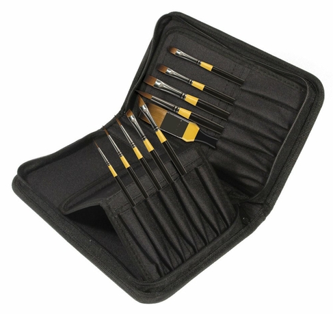 Daler-Rowney System 3 Classic Zip Case 10 Brush Set (x1 Liner, x3 Round, x2 Flat, x1 Sword, x1 Filbert, x1 Skyflow, x1 Shader)