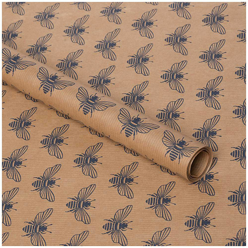 Eco-Wrap Recycled and Recyclable Kraft Navy Bee Print Wrapping Paper 4m