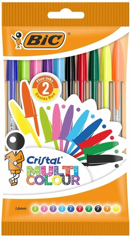 BIC Cristal Multicolour Ballpoint Pens, 1.6mm Broad Point, Assorted Colours (Pack of 10)