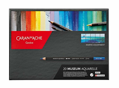 Caran d'Ache Museum Aquarelle Water-Soluble Colouring Pencils Marine Assortment (Pack of 20)