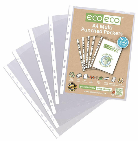 eco eco Stationery A4 100% Recycled Multi Punched Pockets (Pack 100)