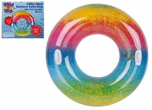 Wild N Wet Inflatable 48" Glitter Filled Rainbow Print Swim Ring with Handles