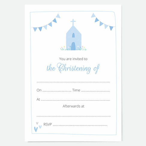 Dotty About Paper Christening Invitations Blue Church & Bunting (Pack of 10) 