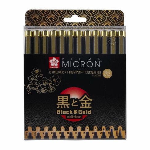 Sakura Pigma Micron Black and Gold Limited Edition Fineliners Black (Pack of 12)