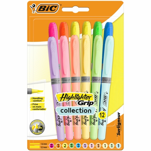 BIC Highlighter Grip Chisel Tip Highlighter Pens, Assorted Intense and Pastel Colours (Pack of 12)