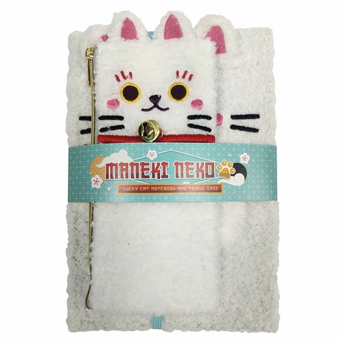Maneki Neko Lucky Cat Plush A5 Notepad and Pencil Case Set