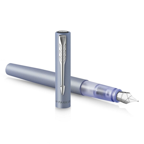Parker Vector XL Silver-Blue Fountain Pen with Chrome Trim, Medium Nib, Blue Ink