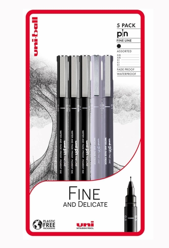 uni-ball uni-PIN Fine and Delicate Fineliner Drawing Pens Black and Grey (Pack of 5)