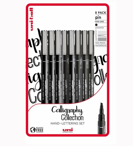 uni-ball uni-PIN Calligraphy Collection Fineliner and Chisel-Tip Calligraphy Pens Black (Pack of 8)