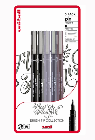 uni-ball uni-PIN Flow and Flourish Fineliner and Brush Drawing Pens Black, Grey and Sepia (Pack of 5)