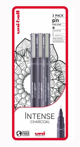 uni-ball uni-PIN Intense Charcoal Fineliner and Brush Drawing Pens Dark Grey (Pack of 3)