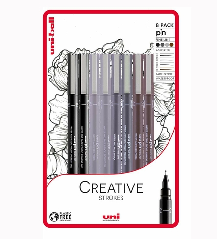 uni-ball uni-PIN Creative Strokes Fineliner and Brush Drawing Pens Black, Grey and Sepia (Pack of 8)