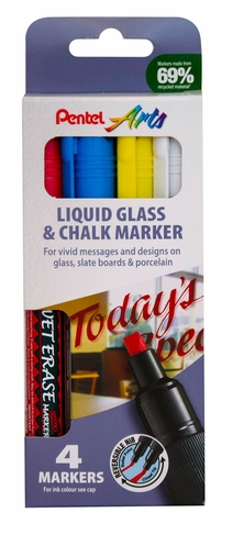 Pentel Arts Wet Erase Liquid Chalk Markers, Chisel Nib, Assorted Colours (Pack of 4)
