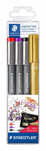 STAEDTLER pigment liner Assorted Set with Gold Metallic Marker (Pack of 4)