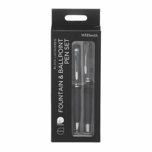 WHSmith Black Lacquer Fountain and Ballpoint Pen Set, Black Ink