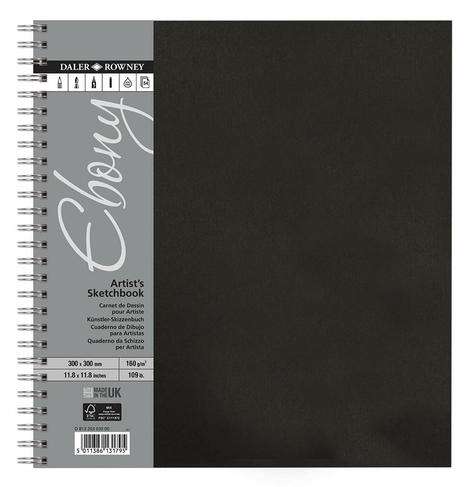 Daler-Rowney Ebony 300 x 300mm Square Spiral Bound Sketchbook 160gsm 54 White Sheets