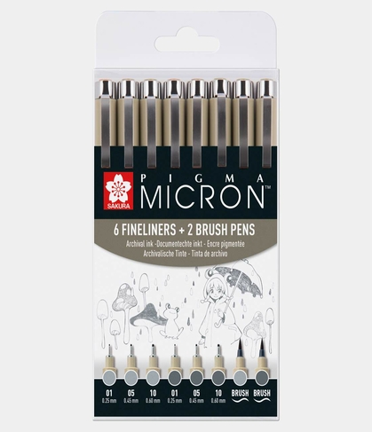 Sakura Pigma Micron Assorted Set with 2 Brushpens Grey and Cool Grey Tones (Pack of 8)