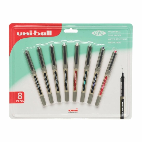 uni-ball eye 157 Fine Rollerball Pens Black, Red, Green, Purple and Pink (Pack of 8)