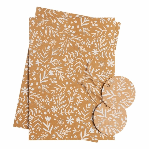 WHSmith Kraft Floral Flat Wrap and Tags