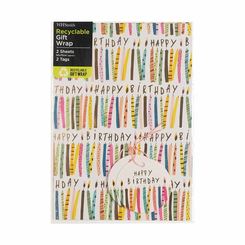 WHSmith Happy Birthday Candles Flat Gift Wrap and Tags