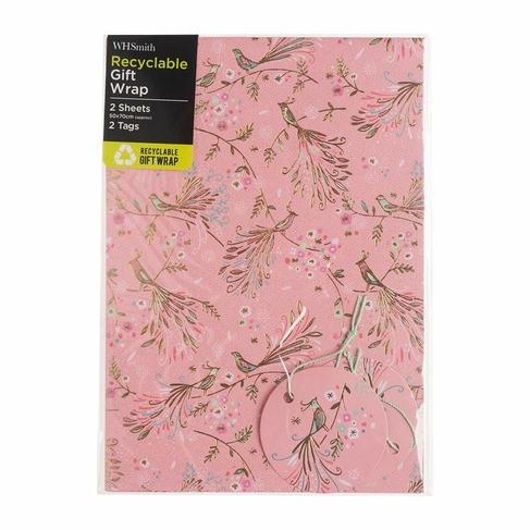 WHSmith Gold foil Peacock Pink Flat Gift Wrap and Tags