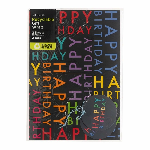 WHSmith Bright Happy Birthday Flat Gift Wrap and Tags