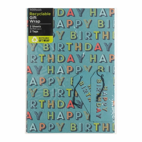 WHSmith Blue Happy Birthday Script Flat Gift Wrap and Tags