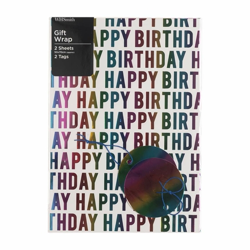 WHSmith Ombre Happy Birthday Script Flat Gift Wrap and Tags