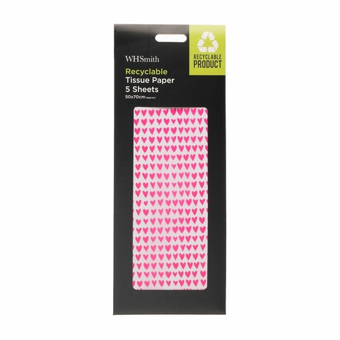 WHSmith Pink Hearts 5 Sheets of Recyclable Tissue Paper
