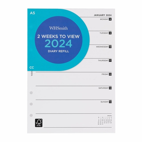 WHSmith A5 2 Weeks To View 2024 Diary Refill
