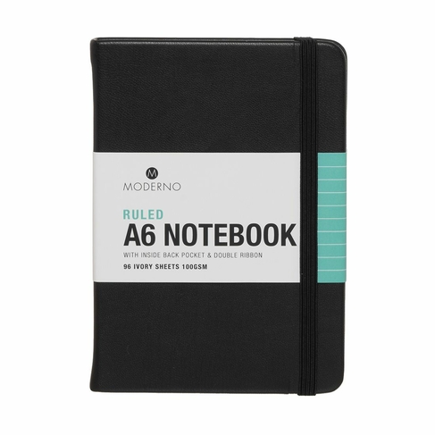 WHSmith Moderno Black A6 Hard Cover Ruled Black Notebook