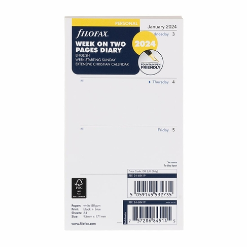 Filofax Personal Sunday Start Week On Two Pages Diary Refill 2024