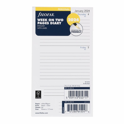 Filofax Personal Week On Two Pages With Lines Diary Refill 2024