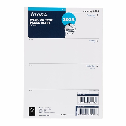 Filofax A5 Week On Two Pages Diary Refills 2024