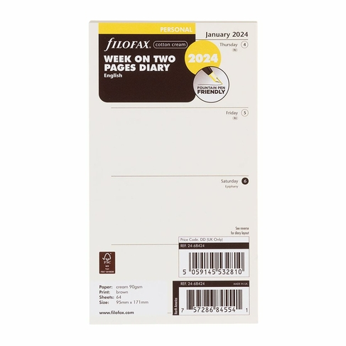 Filofax Personal Cotton Cream Week on Two Pages Diary Refills 2024