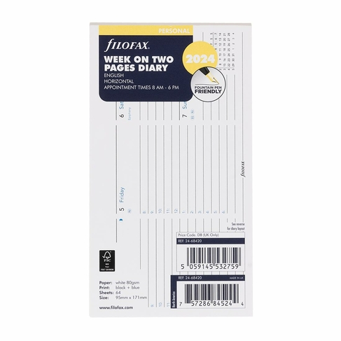 Filofax Personal Week On Two Pages Horizontal Appointment Times 2024 Diary Refill