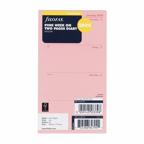 Filofax Personal Pink Week On Two Pages 2024 Diary Refill