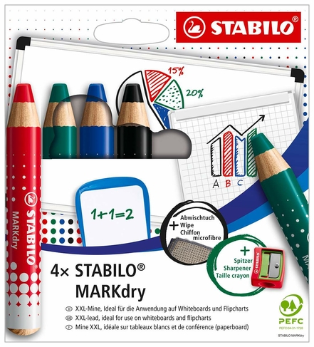 STABILO MARKdry Whiteboard and Flipchart Markers Assorted Colours (Pack of 4 with Sharpener and Cloth)