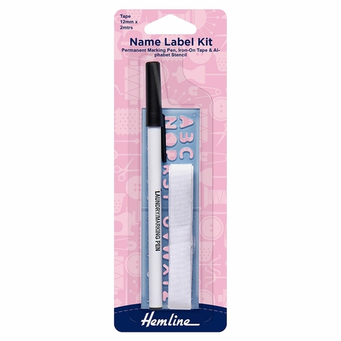 Hemline Name Label Kit, 2m Iron-On Tape with Pen and Letter Stencil