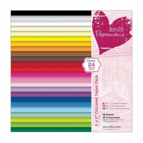 docrafts Papermania 6x6 Inch Coloured Paper Pack Assorted Colours (48 Sheets)