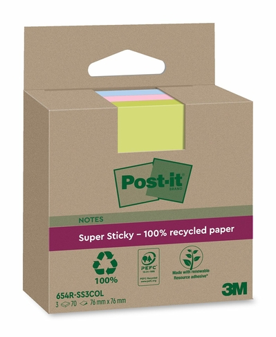 Post-it Super Sticky 100% Recycled Notes Assorted Colours 76mm x 76mm, 70 Sheets per Pad (Pack of 3)