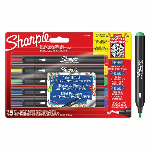 Sharpie Creative Marker Water-Based Acrylic Paint Pens Assorted Colours, Bullet Tip (Pack of 5)