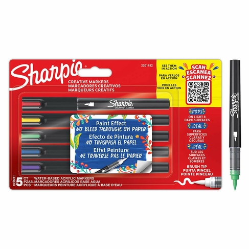 Sharpie Creative Marker Water-Based Acrylic Paint Pens Assorted Colours, Brush Tip (Pack of 5)