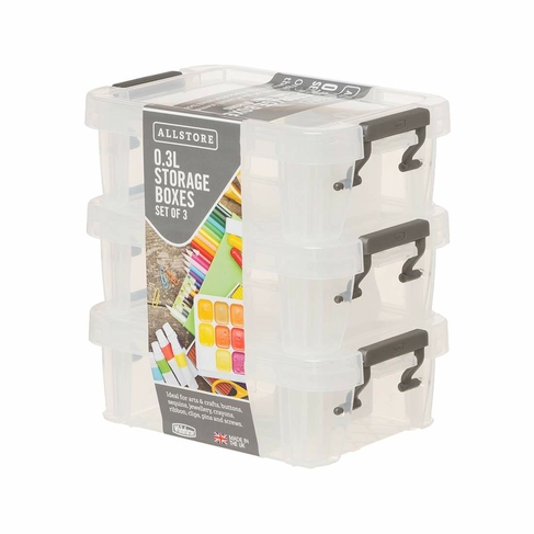 Whitefurze Allstore 0.3L Storage Box with Silver Lid Clamps (Pack of 3)