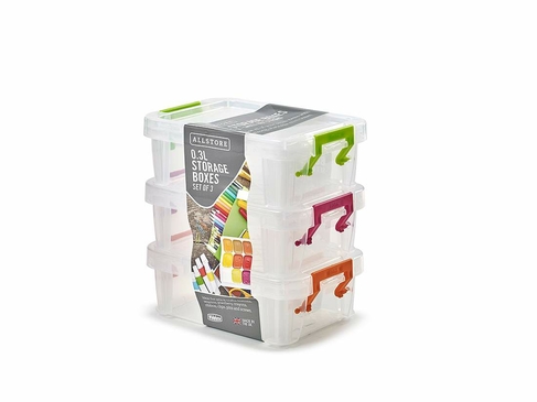 Whitefurze Allstore 0.3L Storage Box with Assorted Colour Lid Clamps (Pack of 3)